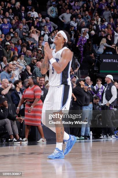 Paolo Banchero of the Orlando Magic celebrates during the game against the Sacramento Kings on January 3, 2024 at Golden 1 Center in Sacramento,...