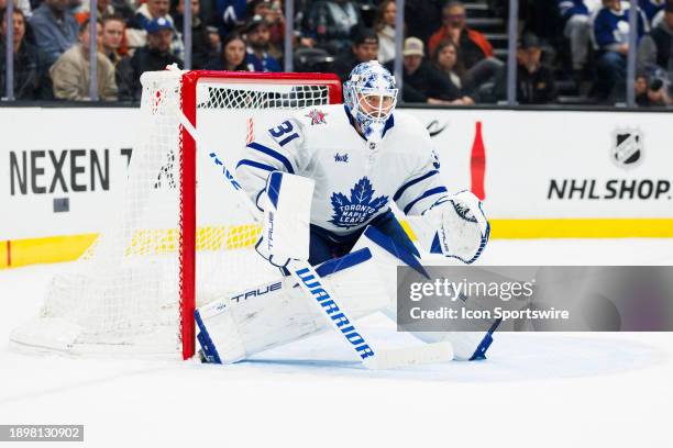 Toronto Maple Leafs goaltender Martin Jones in net during an NHL hockey game against the Anaheim Ducks on January 3, 2024 at Honda Center in Anaheim,...