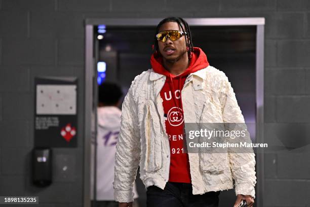 Justin Jefferson of the Minnesota Vikings arrives prior to a game against the Green Bay Packers at U.S. Bank Stadium on December 31, 2023 in...