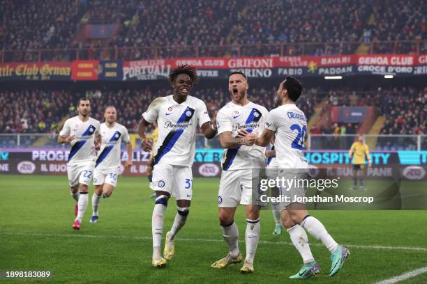 Marko Arnautovic of FC Internazionale celebrates with team mates after scoring to give the side a 1-0 lead during the Serie A TIM match between Genoa...