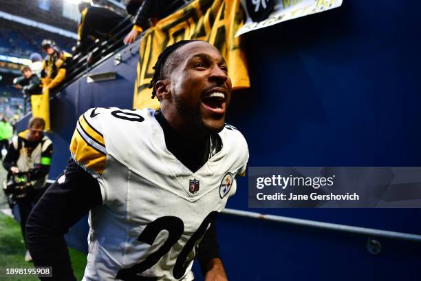 Patrick Peterson of the Pittsburgh Steelers reacts after beating the Seattle Seahawks 30-23 at Lumen Field on December 31, 2023 in Seattle,...