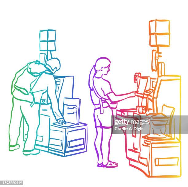 self-checkout times two rainbow - self checkout line stock illustrations