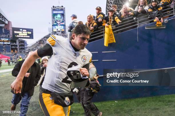 Mason Rudolph of the Pittsburgh Steelers leaves the field after beating the Seattle Seahawks 30-23 at Lumen Field on December 31, 2023 in Seattle,...