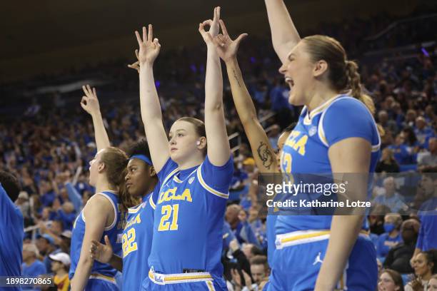 Lina Sontag of the UCLA Bruins celebrates a three-pointer from the bench during the first half of a game against the USC Trojans at UCLA Pauley...