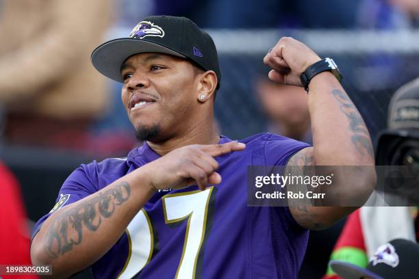 Former Baltimore Ravens running back Ray Rice is introduced before the start of the Ravens and Miami Dolphins game at M&T Bank Stadium on December...