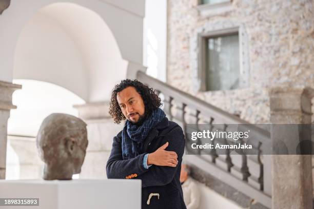 adulto negro masculino entusiasta da história admirando a estátua em um museu com os braços cruzados - critics - fotografias e filmes do acervo