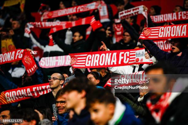 Girona FC fans celebrates the victory during the La Liga Match match between Girona FC v Atletico de Madrid at Estadi de Montilivi in Girona, Spain,...