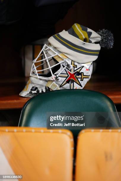 General view is seen of the mask of Jiri Patera of the Vegas Golden Knights during the 2024 Discover NHL Winter Classic team practice at T-Mobile...