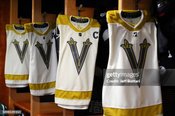 General view is seen of jerseys in the Vegas Golden Knights locker room during the 2024 Discover NHL Winter Classic team practice at T-Mobile Park on...