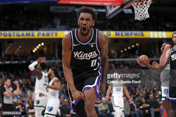 Malik Monk of the Sacramento Kings reacts during the first half against the Memphis Grizzlies at FedExForum on December 31, 2023 in Memphis,...