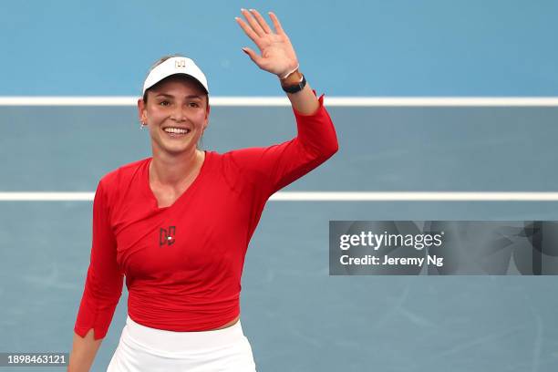 Donna Vekic of Croatia celebrates match point and winning the match in their Womens Singles match against Malene Helgo of Norway during day three of...