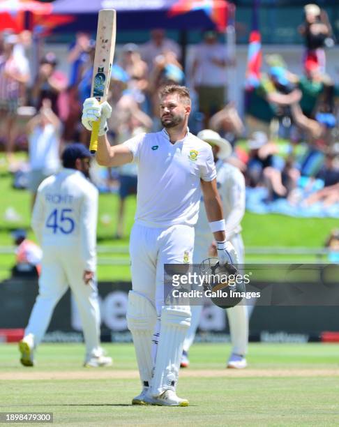 Aiden Markram of South Africa celebrates scoring a century during day 2 of the 2nd Test match between South Africa and India at Newlands Cricket...