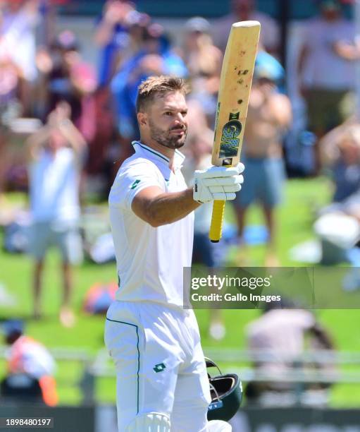 Aiden Markram of South Africa celebrates scoring a century during day 2 of the 2nd Test match between South Africa and India at Newlands Cricket...