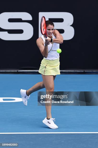 Emma Navarro of United States plays a shot in her match against Linda Fruhvirtova of Czech Republic during the 2024 Women's ASB Classic at ASB Tennis...