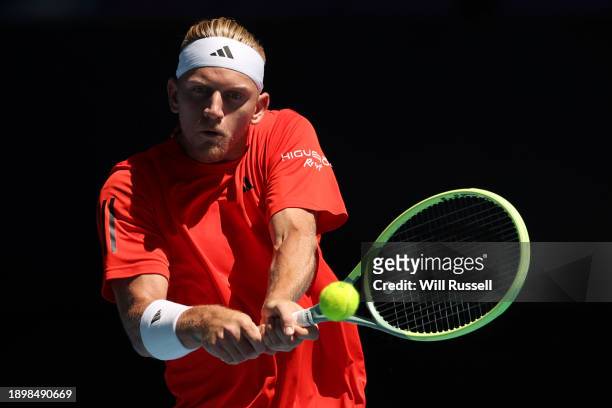 Alejandro Davidovich Fokina of team Spain plays a back hand in the Men's singles match against Hubert Hurkacz of Team Poland during day four of the...