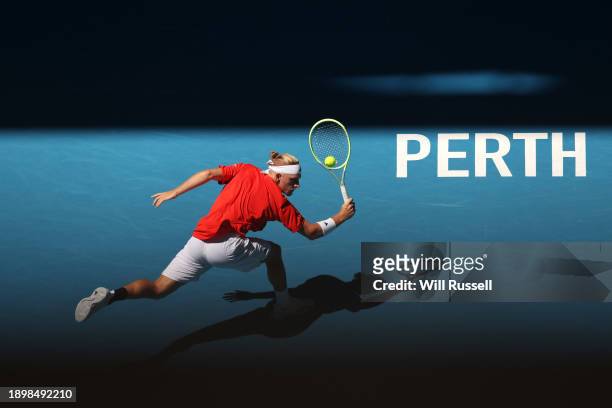 Alejandro Davidovich Fokina of team Spain plays a back hand in the Men's singles match against Hubert Hurkacz of Team Poland during day four of the...