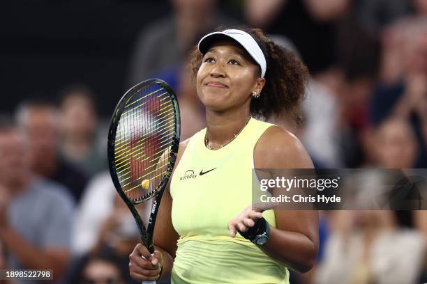 Naomi Osaka of Japan celebrates winning against Tamara Korpatsch of Germany during day two of the 2024 Brisbane International at Queensland Tennis...