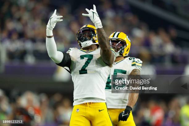 Quay Walker of the Green Bay Packers celebrates after a sack during the second quarter against the Minnesota Vikings at U.S. Bank Stadium on December...