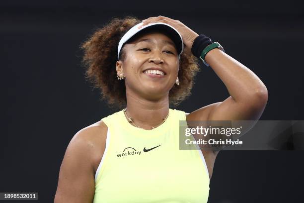 Naomi Osaka of Japan celebrates winning against Tamara Korpatsch of Germany during day two of the 2024 Brisbane International at Queensland Tennis...