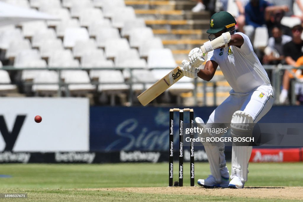 South Africa's Lungi Ngidi plays a shot during the second day of the ...