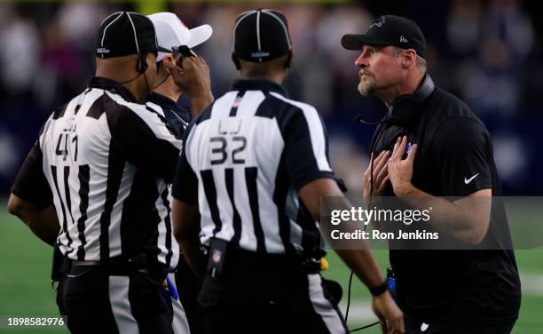 Head coach Dan Campbell of the Detroit Lions reacts to a penalty during a two point conversion attempt against the Dallas Cowboys during the fourth...