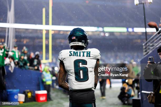DeVonta Smith of the Philadelphia Eagles enters the field during pregame warmups before an NFL football game against the Seattle Seahawks at Lumen...