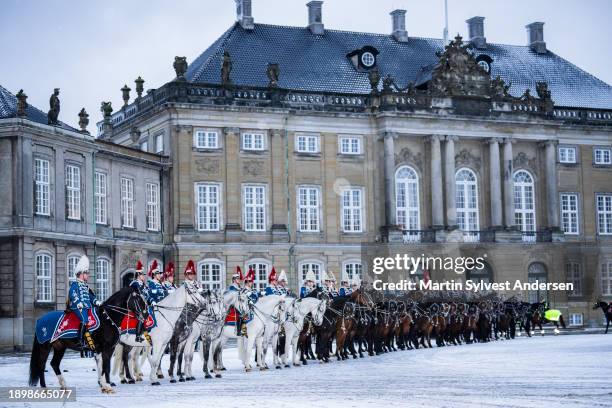 The Guard Hussar Regiment's Mounted Squadron performs in front of Amalienborg Palace for the traditional New Year's levee at Christiansborg Palace on...