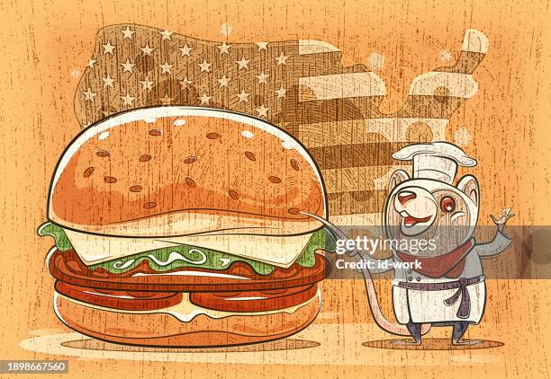 chef mouse presenting with hamburger - pet clothing stock illustrations
