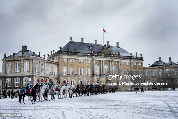 The Guard Hussar Regiment's Mounted Squadron performs in front of Amalienborg Palace for the traditional New Year's levee at Christiansborg Palace on...
