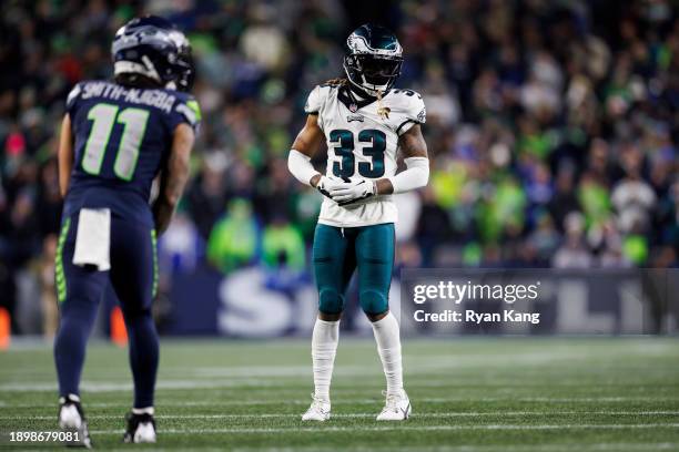 Bradley Roby of the Philadelphia Eagles defends in coverage against the Seattle Seahawks at Lumen Field on December 18, 2023 in Seattle, Washington.