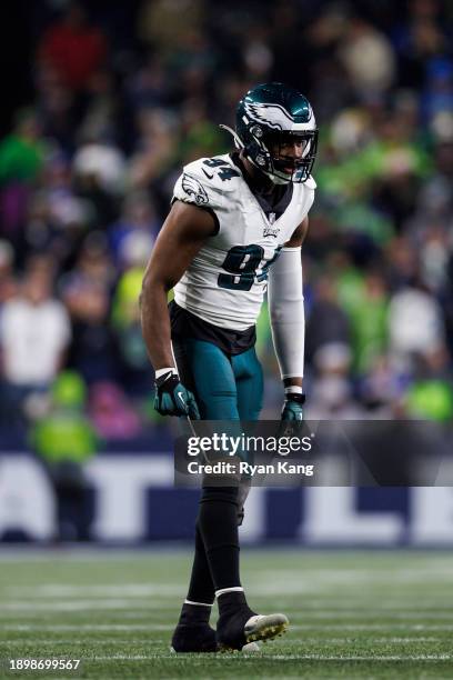 Josh Sweat of the Philadelphia Eagles lines up to run around the edge against the Seattle Seahawks at Lumen Field on December 18, 2023 in Seattle,...