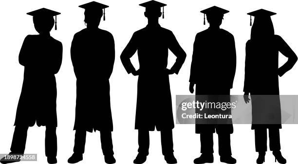 graduates silhouette - graduation gown vector stock illustrations