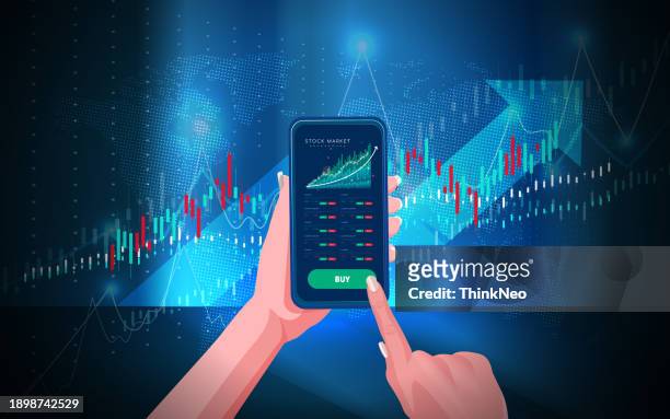 a trader is showing a mobile phone with a stock market chart on its screen. - buy single word stock illustrations