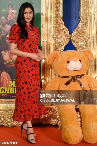 Bollywood actress Katrina Kaif poses for a photo on the occasion of a press conference of her upcoming Indian romantic thriller movie 'Merry...
