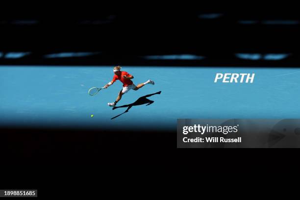 Alejandro Davidovich Fokina of team Spain plays a forehand in the Men's singles match against Hubert Hurkacz of Team Poland during day four of the...