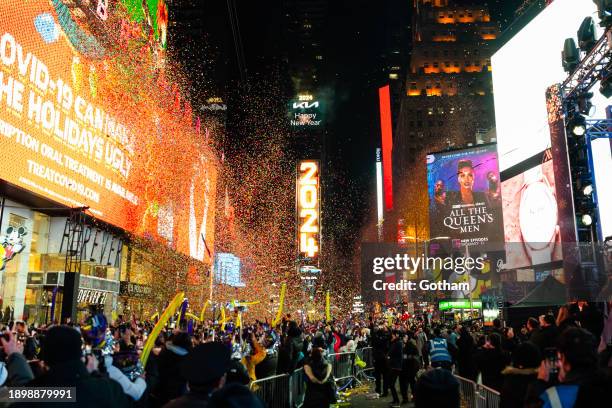 Revelers celebrate New Year's Eve in Times Square on January 01, 2024 in New York City.
