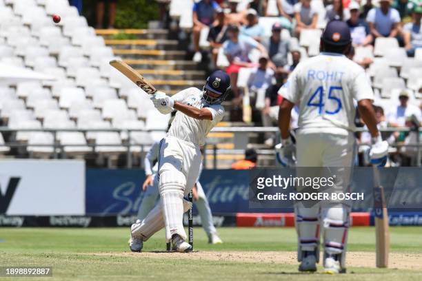 India's Yashasvi Jaiswal plays a shot leading to his dismissal during the second day of the second cricket Test match between South Africa and India...