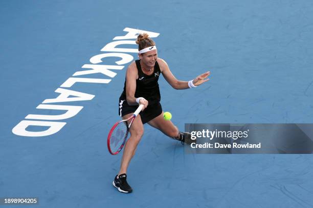 Marie Bouzkova of Czech Republic plays a shot in her match against Magdalena Frech of Poland during the 2024 Women's ASB Classic at ASB Tennis Centre...