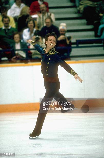 Brian Boitano of the USA performs his routine in the Men's Figure Skating Competition on February 20, 1988 during the 1988 Calgary Winter Olympics in...