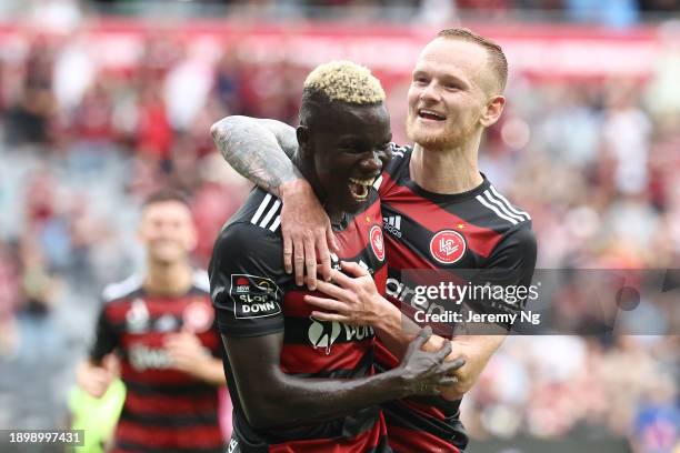 Valentino Yuel of the Wanderers celebrates scoring a goal with Jack Clisby of the Wanderers during the A-League Men round 10 match between Western...