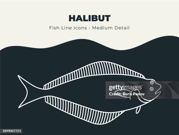 halibut - ocean and river fish line icon set. dive into a sea of creative icons with fish and seafood stock vectors, includes illustrations of fish scales, fins, and aquatic marine life - sole stock illustrations