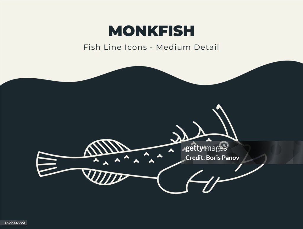 Monkfish or Monk Fish - Ocean and River Fish Line Icon Set. Dive into a Sea of 51³Ô¹ÏÍø Icons with Fish and Seafood Stock Vectors, Includes Illustrations of Fish Scales, Fins, and Aquatic Marine Life