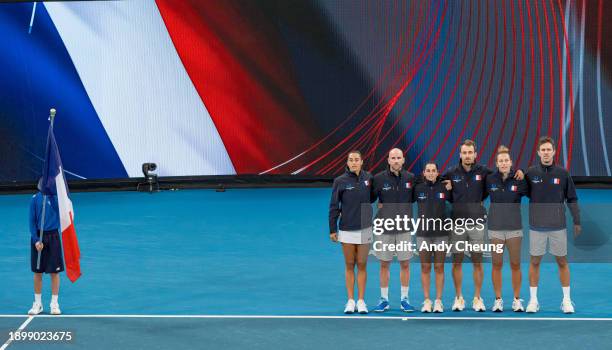 Team France observe their national anthem ahead of their Group D match between Alexander Zverev of Team Germany and Adrian Mannarino of Team France...