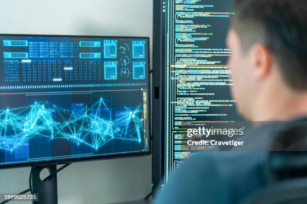 software developers using computer to write code sitting at desk with multiple screens work remotely in home . programmer development concept. - python-programmiersprache stock-fotos und bilder