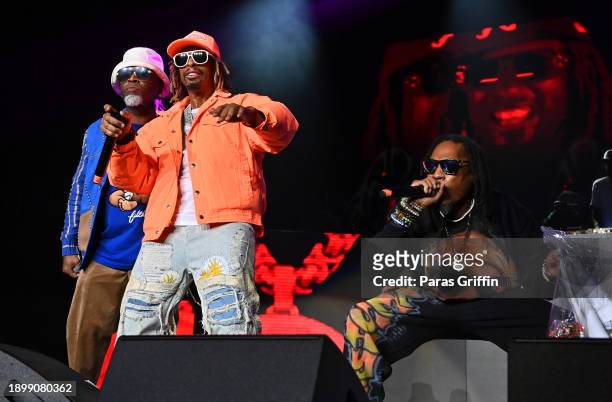 Lil Jon with D-Roc and Kaine of Ying Yang Twins onstage during 2023 V-103 Winterfest: Celebrating 50 Years of Hip Hop at State Farm Arena on December...