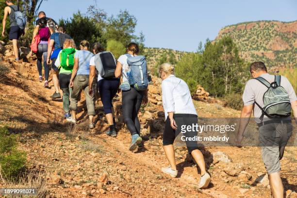 group of tourists on hiking - senderismo fotografías e imágenes de stock