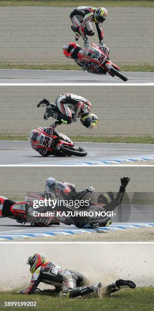 This combo picture shows Italian 125cc class rider Mattia Pasini of Aprilia as he crashes during the Japan Grand Prix at Twin Ring Motegi circuit, 19...