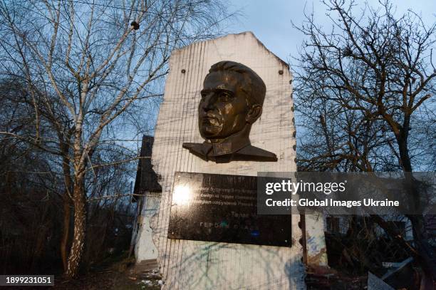 Memorial plate dedicated to commander Ukrainian Insurgent Army Roman Shukhevych after a Russian drone attack on January 1, 2024 in Lviv, Ukraine. As...