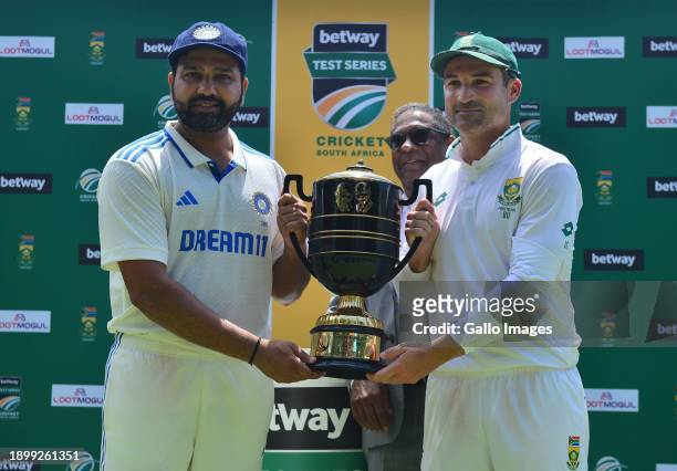 Rohit Sharma of India and Dean Elgar of South Africa at the post match presentation during day 2 of the 2nd Test match between South Africa and India...