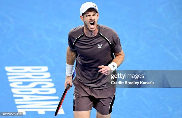 Andy Murray of Great Britain celebrates after winning a point in his match against Grigor Dimitrov of Bulgaria during day two of the 2024 Brisbane...